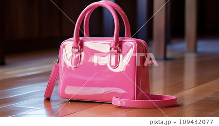 a small pink leather bag sitting on top of a wooden floor, a small pink leather bag sitting on top of a wooden floor, 109432077