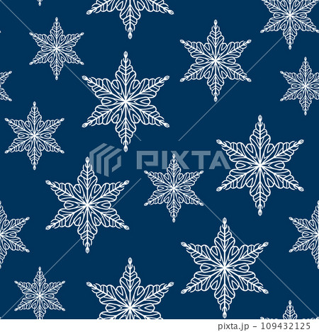 Winter seamless pattern with white snowflakes on blue background. Vector illustration for fabric, textile wallpaper, posters, gift wrapping paper. Christmas vector illustration. Falling snow Winter seamless pattern with white snowflakes on blue background. Vector illustration for fabric, textile wallpaper, posters, gift wrapping paper. Christmas vector illustration. Falling snow 109432125