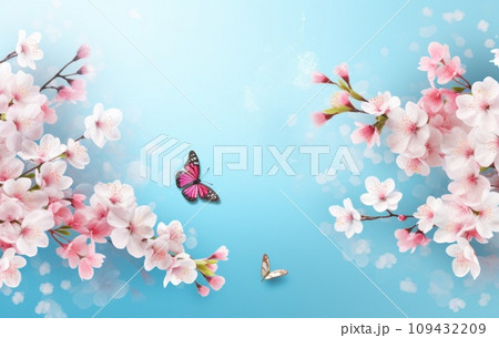 colorful cherry blossoms flowers pink and blue butterfly on blue background, colorful cherry blossoms flowers pink and blue butterfly on blue background, 109432209