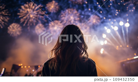 a woman looks up back at fireworks, a woman looks up back at fireworks, 109432350