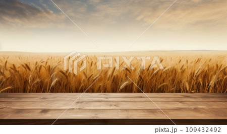 a wooden table with wheat field in the background, 109432492