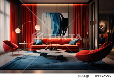 an apartment with a grey couch, a red rug, and red curtains, 109432595