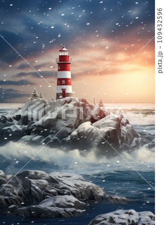 blue sea in the winter landscape background lighthouse 109432596