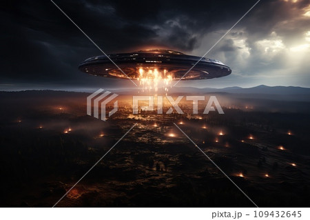 UFO over night city. Abstract image of a flying saucer, expansion of the planet. 109432645