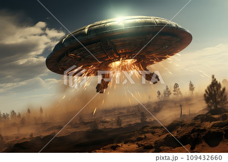 A large UFO in the sky at night. Abstract image of a flying saucer, expansion of the planet. 109432660