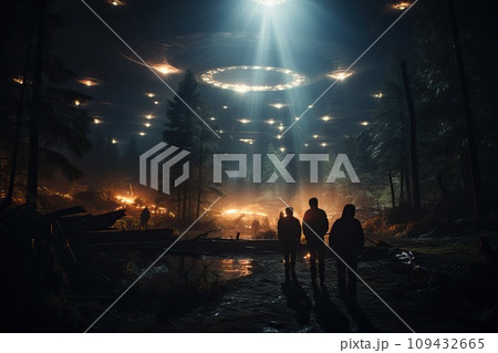 Silhouettes of a group of people looking at a UFO. 109432665