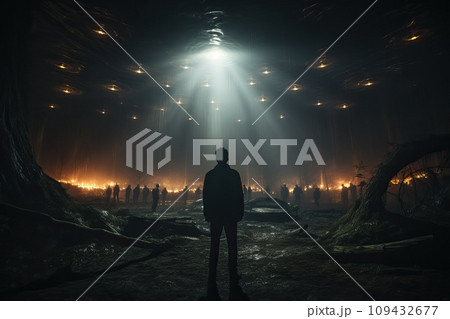 Silhouette of a person at night against the background of a flying saucer or UFO. Silhouette of a person at night against the background of a flying saucer or UFO. 109432677