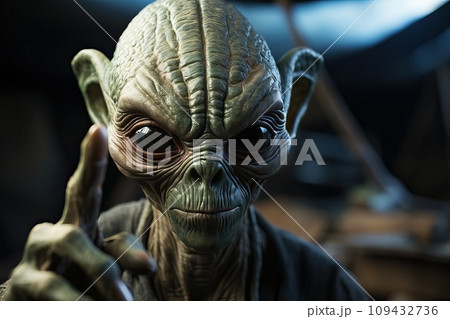 A wrinkled alien shows an index finger. 109432736