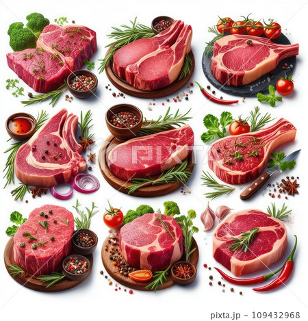 Raw meat, fresh pork vacuum-packed in polythene, isolated on white background. Set for design. Raw meat, fresh pork vacuum-packed in polythene, isolated on white background. Set for design. 109432968