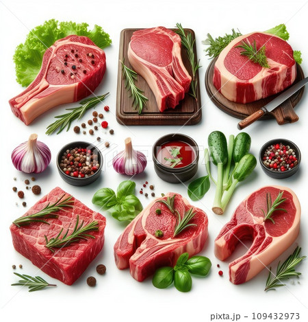 Raw meat, fresh pork vacuum-packed in polythene, isolated on white background. Set for design. 109432973