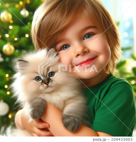 Cute little boy with kitten in hanging chair at home. Childhood pet Cute little boy with kitten in hanging chair at home. Childhood pet 109433003