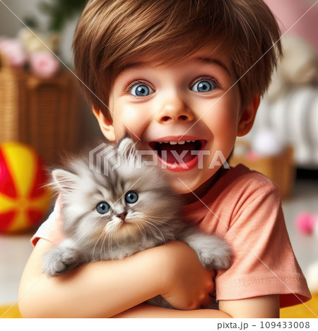 Cute little boy with kitten in hanging chair at home. Childhood pet Cute little boy with kitten in hanging chair at home. Childhood pet 109433008