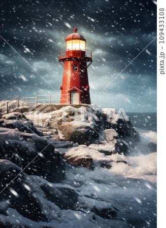 lighthouse in snowy storm, 109433108