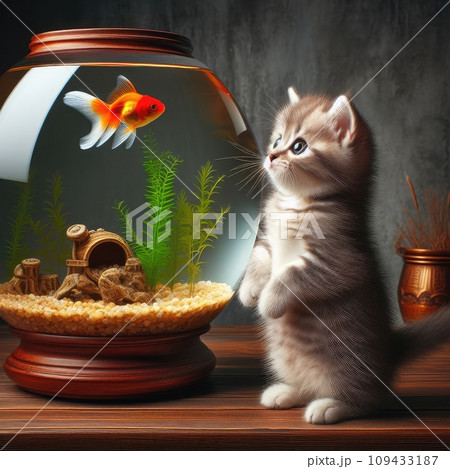 fluffy kitten is hunting for a goldfish in an aqua rime. Friendship of a kitten and aquarium fish 109433187