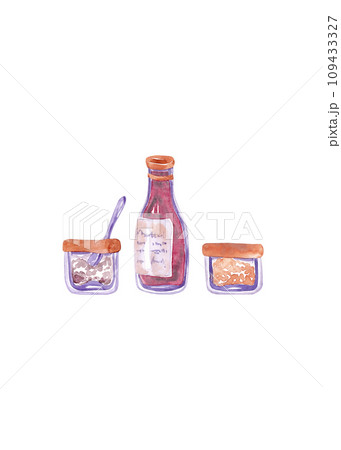 Apple cider vinegar and spices in glass jars. Isolated watercolor illustrations 109433327