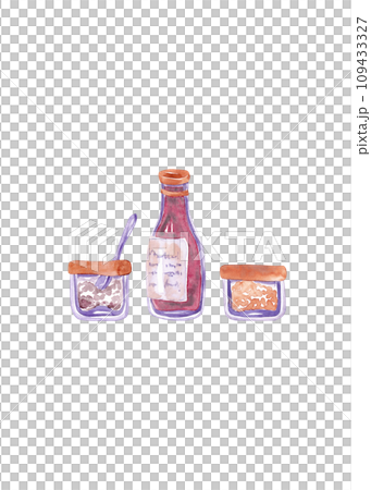Apple cider vinegar and spices in glass jars. Isolated watercolor illustrations 109433327