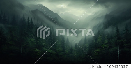 fog covers a mountain in a forest, 109433337