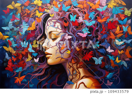 Art of woman with butterflies, vibrant colors to symbolize the emergence of positivity from struggles 109433579