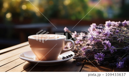 cup of lavender cappuccino with blank front realistic 109433637
