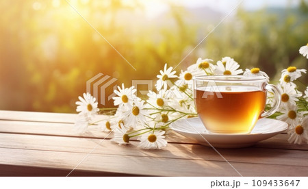 cup of tea with chamomile flowers against a wooden table, 109433647