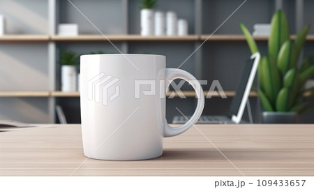 Cup with blank front, realistic on a mockup template in a desk in a modern office, 109433657