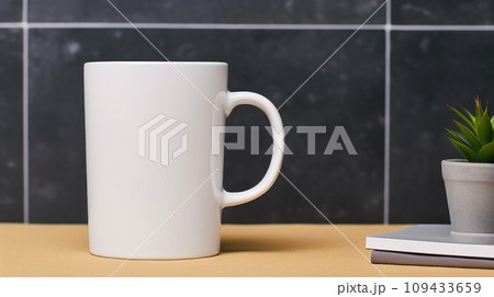 Cup with blank front, realistic on a mockup template in a desk in a modern office, 109433659
