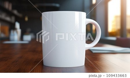 Cup with blank front, realistic on a mockup template in a desk in a modern office, 109433663