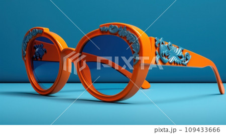 japanese sunglasses rest on an orange background, 109433666