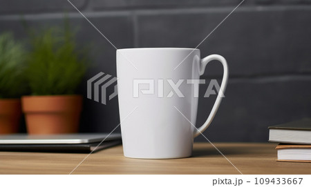 Cup with blank front, realistic on a mockup template in a desk in a modern office, 109433667