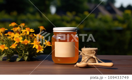 jar of honey with blank front realistic on a mockup template in a wooden table in a summer garden with bee, 109433749