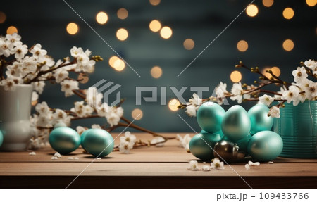 easter decorated eggs and flowers on wooden bed background, easter decorated eggs and flowers on wooden bed background, 109433766