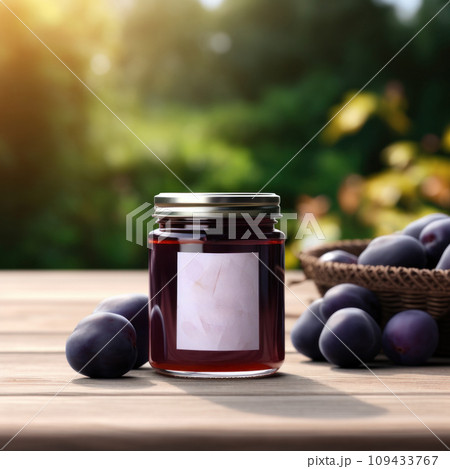 jar of plum jam with blank front realistic on a mockup template in a wooden table in a summer garden with plum trees, 109433767
