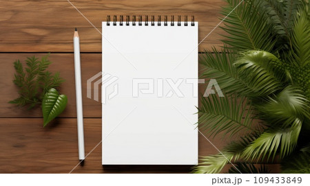 Notepad with blank front, realistic on a mockup template in a desk in a modern office, 109433849