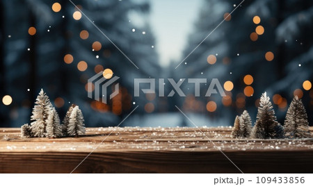 snowfall falling on a wooden table in a forest, 109433856