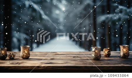 snowfall falling on a wooden table in a forest, 109433864