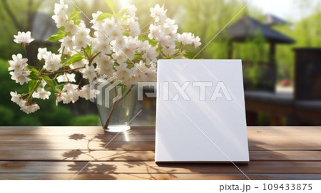 Notepad with blank front, realistic on a mockup template in a table in a luxury home 109433875