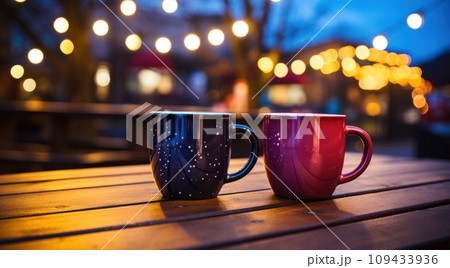 pair of mugs with cup of mulled wine on wooden table, 109433936