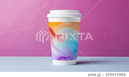 paper coffee cup with blank front, realistic on a mockup template in a colorful abstract 109433968
