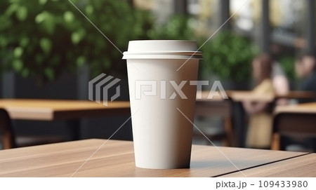 paper coffee cup with blank front, realistic on a mockup template in a luxury restaurant, 109433980