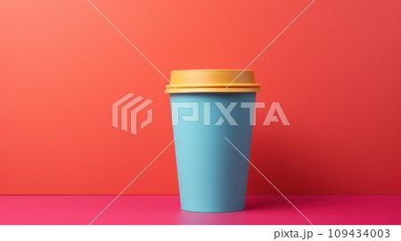paper coffee cup with blank front, realistic on a mockup template in a colorful abstract backgrounde, paper coffee cup with blank front, realistic on a mockup template in a colorful abstract backgrounde, 109434003