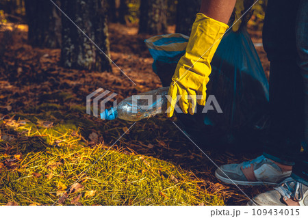 A plastic bottle lies on the moss in the sun. In the forest, a woman volunteer came up with a garbage bag to pick up plastic waste. Pollution of the forest with household waste and plastic garbage. 109434015