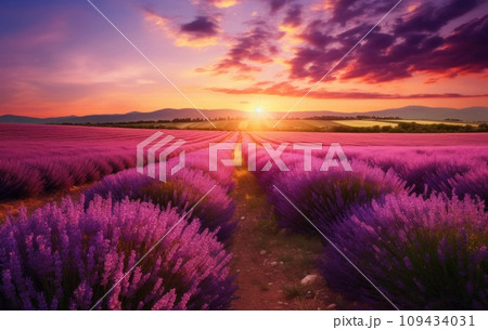 sunrise sun over lavender field in summer, sunrise sun over lavender field in summer, 109434031