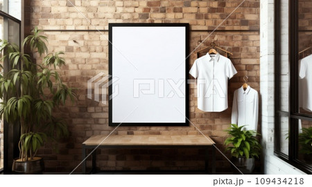 poster image with blank front ealistic on a mockup template in a brick wall in a luxury modern clothing shop, poster image with blank front ealistic on a mockup template in a brick wall in a luxury modern clothing shop, 109434218