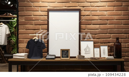 poster image with blank front ealistic on a mockup template in a brick wall in a luxury modern clothing shop, poster image with blank front ealistic on a mockup template in a brick wall in a luxury modern clothing shop, 109434228