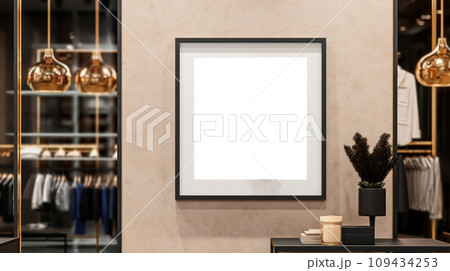 poster image with blank front ealistic on a mockup template in a brick wall in a luxury modern clothing shop, 109434253