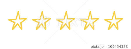 Five star doodle. Hand drawn quality, review yellow five star illustration. Award, quality, feedback concept elements. Sketch grunge style. Isolated vector 109434328