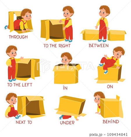 Learning prepositions with little boy. Visual educational guide. English language studying. Child with cardboard box. Grammar teaching. Kids positions demonstration. Splendid vector set Learning prepositions with little boy. Visual educational guide. English language studying. Child with cardboard box. Grammar teaching. Kids positions demonstration. Splendid vector set 109434841