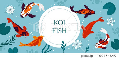 Koi fish. Decorative Asian pond. Japanese carps top view. Colored nishikigoi. Goldfish swimming in Chinese lake. Water lilies and lotus flowers. Horizontal banner. Garish vector concept Koi fish. Decorative Asian pond. Japanese carps top view. Colored nishikigoi. Goldfish swimming in Chinese lake. Water lilies and lotus flowers. Horizontal banner. Garish vector concept 109434845