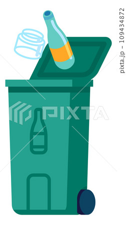 Garbage service. Rubbish sorting. Waste recycling. Dustbin for glass pollution. Recyclable bottles. Refuse collecting. Environment conservation. Green container. Vector eco dumpster 109434872