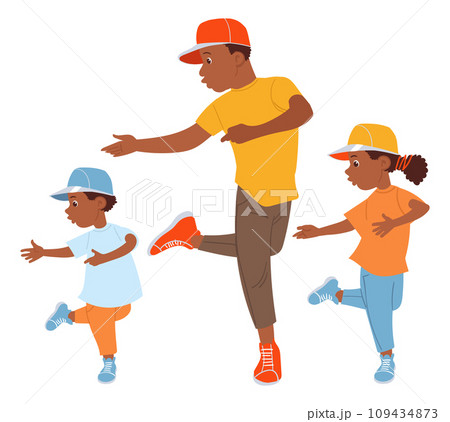 Father with kids. Joyful family dancing together. African man and children doing exercises. Sport training. Happy people entertainment. Son and daughter fun. Vector fatherhood concept Father with kids. Joyful family dancing together. African man and children doing exercises. Sport training. Happy people entertainment. Son and daughter fun. Vector fatherhood concept 109434873
